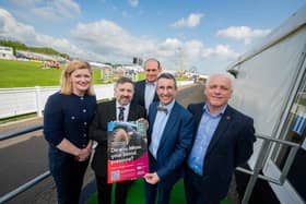 Health Minister Robin Swann and DAERA Minister Andrew Muir are pictured at the NI Agri-Rural health forum annual event at the Balmoral Show in support of the work of the Forum and British Heart Foundation NI encouraging farmers here to get their blood pressure checked. Pictured alongside them are Rebecca Orr, Chair of NI Agri-Rural Health Forum, Simon Best, BHF NI Ambassador and arable farmer and Fearghal McKinney, head of BHF NI. (Pic: Freelance)