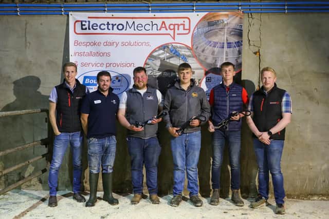 Members who gained first place in their respective sections of the stock judging received a leather halter from Electromech Agri, pictured l-r are Scott Armstrong, Electromech Agri, Andrew Patton, NI HYB Coordinator, John Mclean, Bushmills, Jack King, Ballymena, David Hamilton, Bangor and Gary Mclean, Director Electromech Agri. Image: Northern Ireland HYB