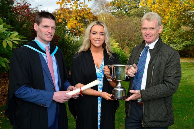 Congratulations to Laura Kennedy (Larne) who received the National Beef Association Cup for performance in beef production at the Greenmount Campus graduation event. Laura was congratulated by Stephen Heenan and course Lecturer John Hamilton.
