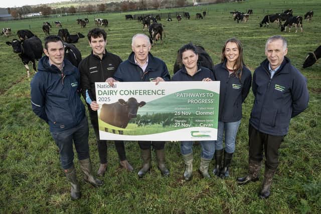 Pictured at the launch of the Teagasc National Dairy Conference on Pathways To Progress which takes place on Wednesday, 26th November in the Talbot Hotel, Clonmel, Co Tipperary and Thursday 27th November in the Kilmore Hotel, Cavan are Dr Stuart Childs, Teagasc dairy specialist, Dr Conor Hogan, Teagasc People in Dairy Programme manager, Donal Mullane, Teagasc Tipperary regional manager, Dr Elodie Ruelle, Teagasc senior research officer, Dr Sarah Walsh, Teagasc research officer, and Professor Donagh Berry, Teagasc quantitative geneticist. Picture: O'Gorman Photography