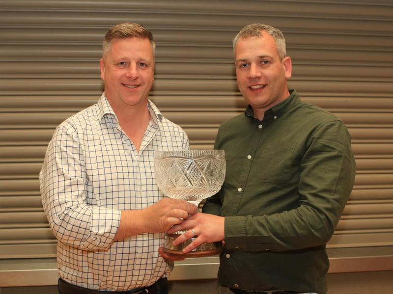 Neil McIlwaine pictured with chairman Shane McDonald having won the Dani Rosebowl for Corrick Showman. 