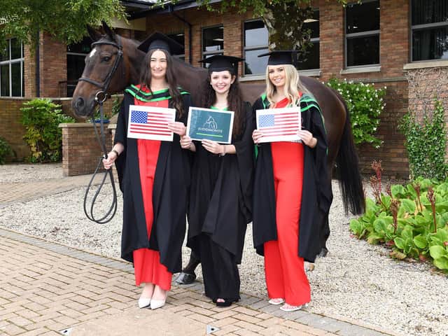 Michelle Dunne (Dublin), Manon Varenne (France) and Shauna McElroy (Carlingford) on their CAFRE graduation day, excited about taking up their internship with Juddmonte USA