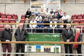 Competition winners at CCM Skipton’s second annual ‘Next Generation’ event. Standing front are, from left, CCM livestock sales manager Ted Ogden, general manager Jeremy Eaton, and public speaking competition co-judges Michael Daggett and Angela Booth.  Picture: Submitted