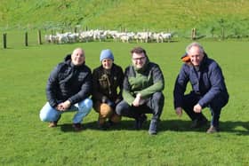 Co Antrim EasyCare sheep breeder Campbell Tweed (right) with visiting Nuffield Scholars: Renato Rodrigues, from Brazil; Hannah Flower, from England and Jakub Gawecki, from Poland. (Pic: Richard Halleron)