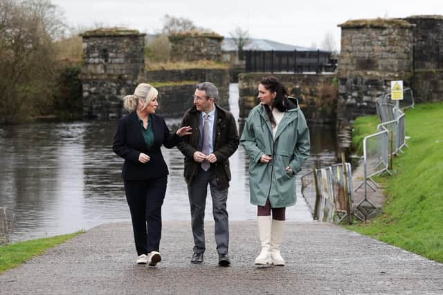 First Minister Michelle O’Neill, deputy First Minister Emma Little-Pengelly and Minister of the department of Agriculture, Environment and Rural Affairs Andrew Muir pictured with the Lough Neagh Partnership today in Toome. (Pic: Kelvin Boyes/Press Eye Ltd)