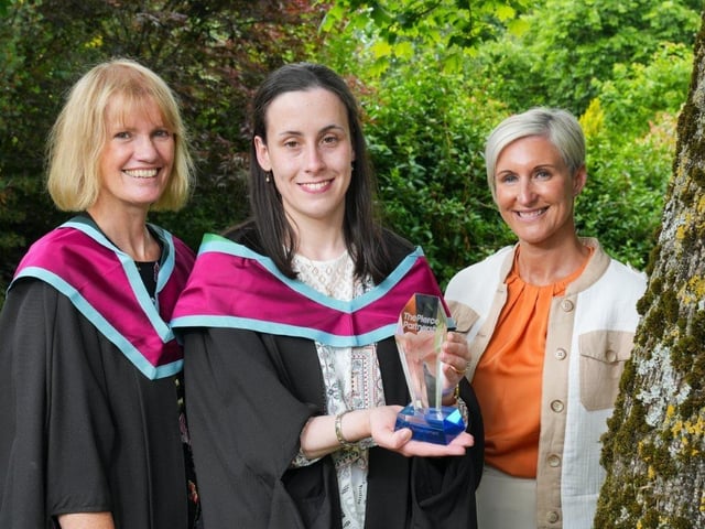 Orla McCorriston (Portstewart) was awarded the Pierce Partnership Trophy and Prize presented to the student achieving the highest marks in the MSc thesis submitted as part of the award for a Master’s in Business for Agri-Food and Rural Enterprise. Orla received the award from Elyse Napier (Account Director, Pierce Partnership) and was congratulated by Teresa McCarney (Senior Lecturer, Loughry Campus). Pic: CAFRE