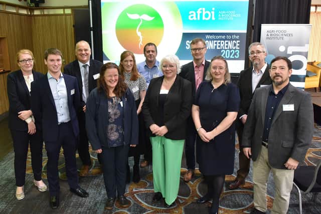 Speakers at the AFBI Soil Conference pictured with AFBI Directors Mr Pieter-Jan Schön (Back and centre) and Professor Elizabeth Magowan (Front and right). Pic: Cliff Mason