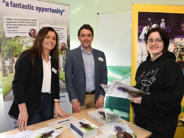 CAFRE Enniskillen Campus student Thalia O’Hare (Belfast) chats all things Coolmore and Ballydoyle Racing with Enniskillen Graduates Danielle McKeever and Chris Armstrong.