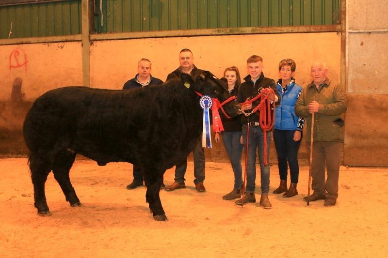 Reserve overall champion exhibited by Jade Tumilty, left to right Keith Tumilty, Ivan Lynn (judge), Jade Tumilty, sponsor Diane Frazer (Frazer Feeds) and John Farnon (mart manager). Picture: Submitted