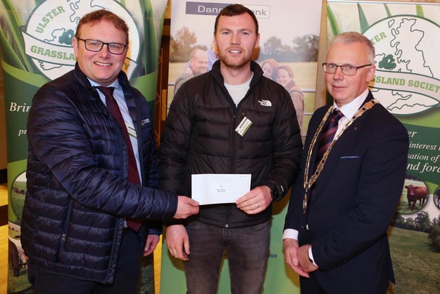 Winners of the Young Farmers section in the Grassland Farmer of the Year competition were Eoin and Ryan McCollum from Cloughmills with Ryan receiving the award from Mark Forsythe, Danske Bank and John Egerton, UGS. Pic: McAuley Multimedia