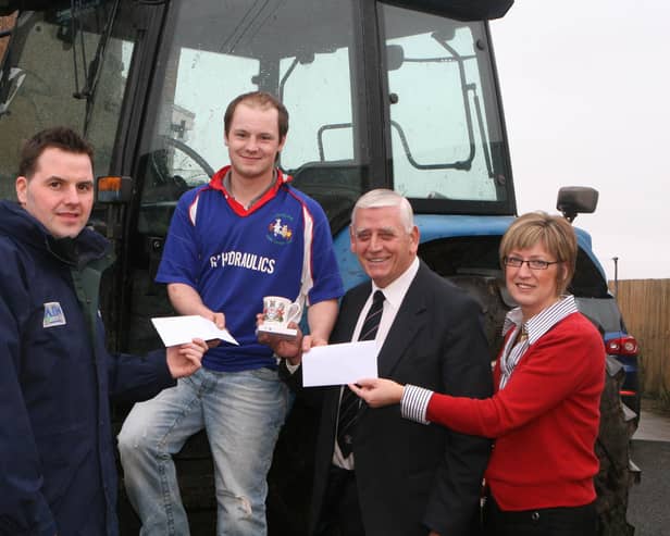 YFCU exchangee, Philip Henry from Coleraine YFC pictured in April 2008 with sponsors Jonathan McCaughan, ABN Councillor William King, Coleraine Borough Council and Roberta Armstrong, Northern Bank. He is pictured receiving sponsorship for his exchange trip. Picture: Farming Life archives/Kevin McAuley