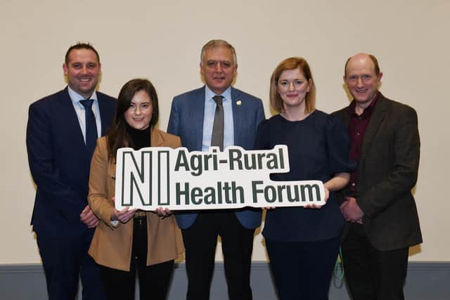 The discussion Panel for the evening – Peter Alexander, President YFCU, Kellie Rouse, Rural Support Mentor, William Irvine, UFU Deputy President, Rebecca Orr, Chair Agri Rural Health Forum and Sam Strain CEO Animal Health and Welfare NI