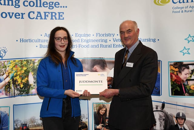 BSc (Hons) Equine Management student Lilian Lapsley (Derry), receives the Juddmonte bursary, presented by Richard Brabazon (Rangers Lodge) at the Enniskillen Campus Bursary event.