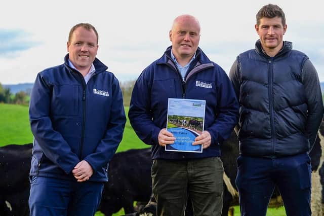 Colin Kelly, Group Chief Executive; Niall Matthews, Chairperson, Lakeland Dairies with milk supplier Darren Hughes on the Hughes family farm, Co. Monaghan. (Pic: Lakeland Dairies)