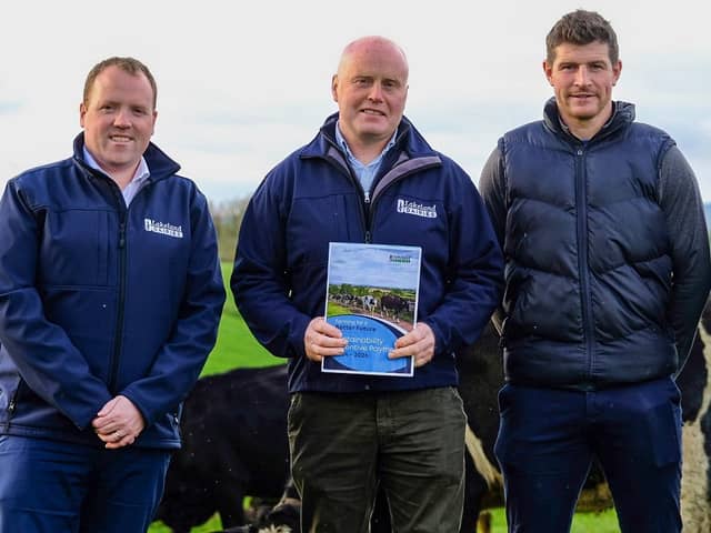 Colin Kelly, Group Chief Executive; Niall Matthews, Chairperson, Lakeland Dairies with milk supplier Darren Hughes on the Hughes family farm, Co. Monaghan. (Pic: Lakeland Dairies)