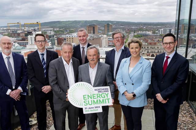 Pictured (L-R) are: Keith Morrison, Project Director, Transmission Investment; Alan Campbell, Managing Director, SONI; Mike Brennan, Permanent Secretary, Department for the Economy; Ronan McKeown, Customer and Market Services Director, NIE Networks; Trevor Haslett, Chairman, CASE; Martin Doherty, Centre Manager, CASE; Micaela Diver, Partner, A&L Goodbody, Mark Stockdale, Partner, A&L Goodbody.