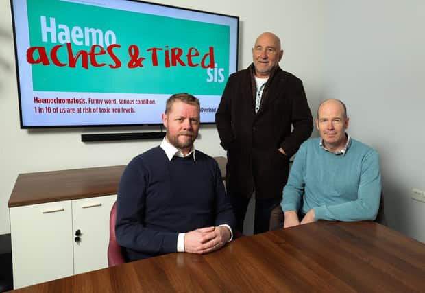 Pictured are (l-r) Neil Irwin, Philanthropy Manager, Haemochromatosis UK; James Hagan, Founder and Chair of Hagan Homes; and Stephen Bogan, CEO of Belfast advertising agency Genesis. Pic: Press Eye Ltd