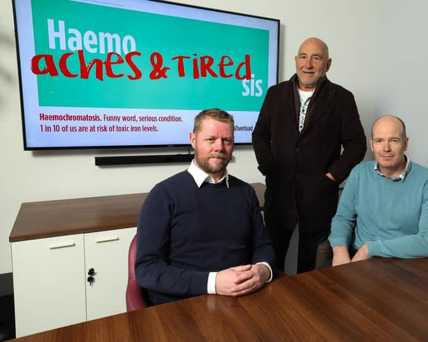 Pictured are (l-r) Neil Irwin, Philanthropy Manager, Haemochromatosis UK; James Hagan, Founder and Chair of Hagan Homes; and Stephen Bogan, CEO of Belfast advertising agency Genesis. Pic: Press Eye Ltd
