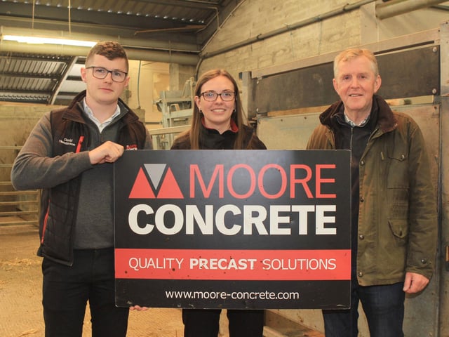 Sponsors David Henderson and Maeve Birt, Moore Concrete, with Dungannon Dairy Sale judge Ben Mallon. Picture: Julie Hazelton