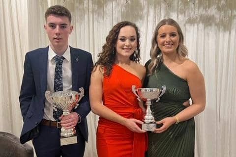 Junior public speaking Rainey Services cup (left) Aaron Neely. Senior public speaking Wilson’s Freshways cup (centre) Grace Fullerton and (right) Lesley Shiels. Picture: Curragh YFC