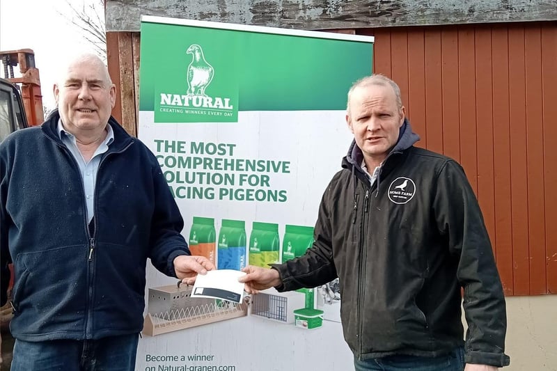 Cormac O’Hare Chairman of the INFC collecting sponsorship for the 2024 Penzance Young Bird Grand National from Home Farm Bird Supplies in Newry.