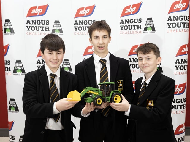 Pictured taking part in the 2024 ABP Angus Youth Challenge Exhibition for a place in the final of the competition is the team from The Royal Belfast Academical Institution Co. Antrim - pupils Ben Griffiths, Noah Griffiths and Joel Hammond.