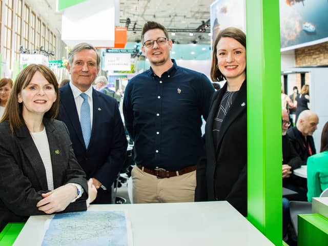 Economy Minister Dr Caoimhe Archibald, Christopher Brooke, chairman of Tourism Ireland, David Brady, Game of Thrones Studio Tour, and Alice Mansergh, chief executive of Tourism Ireland, on day one of ITB Berlin. Picture: Maren Michaelis