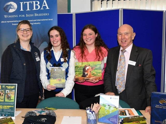 CAFRE Enniskillen Campus BSc Equine Management students Katie Behan (Headford, Co. Galway) and Deirbhle Finn Spellissy (Quin, Co Clare), pictured with Dr Dean Harron and Hannah Marks, Irish Thoroughbred Breeders Association (ITBA).