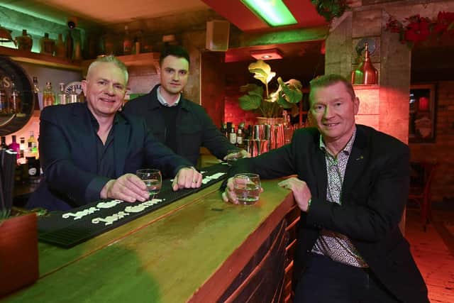 Celebrating the completion of the deal are (l-r) Henry McGlone and Ryan McGlone with former owner Richard Patterson. The McGlone family brings a wealth of industry experience to The Plough Inn having successfully founded and developed a number of venues in the mid Ulster area, including Dormans, Mary’s Bar and Secrets. Picture: Submitted