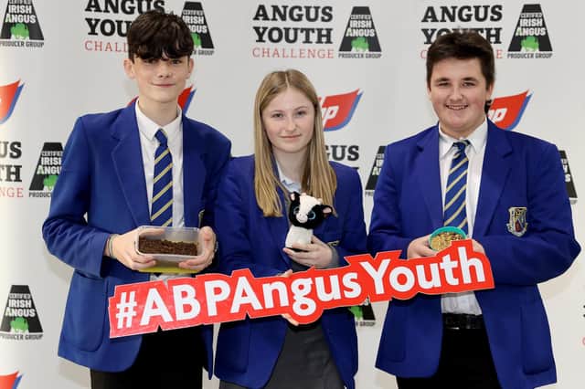 St. Killian’s Carnlough is through to the 2022-2023 ABP Angus Youth Challenge final. Members of the team pictured, from left, Alex McAlister, Emma Mitchell and Peter Agnew.