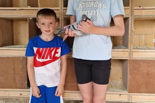 Gary Marsden’s two children proudly displaying their first bird of a total of 6 in a super tough race from St. Malo which is a unbelievable achievement for only their 2nd old bird season and sending to France
