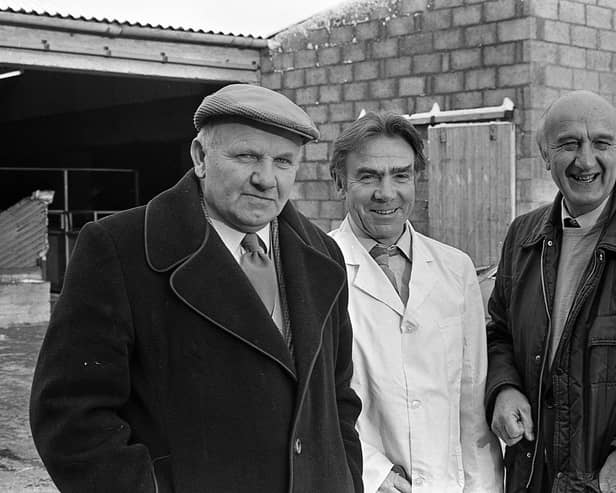 Pictured in December 1981 at a show and sale of Landrace pigs which was held at Cookstown, in the photo are James Coleman, Glarryford, the judge, Robert Overend, Bellaghy, and Frank Espley, NILPBA secretary. Picture: Farming Life archives/Darryl Armitage