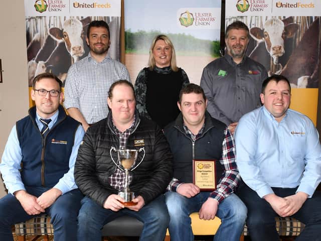 Alternative Forage N.I. winners
Back row (l-r): Ricky Lee Larne group, Avril Macauley North East Armagh group, Derek Lough UFU membership director.  Front row (l-r): Sean Roddy United Feeds, Clifton and Jonathan Dickson (1st place winner), Alan Boyd United Feeds.