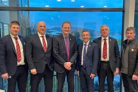 Agriculture, Environment and Rural Affairs Minister Andrew Muir is pictured with UFU policy, technical and communications manager James McCluggage, UFU deputy president John McLenaghan, UFU president David Brown, UFU deputy president William Irvine and UFU CEO Wesley Aston.