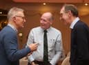 Jim Freeburn (centre) guest speaker at Fermanagh Grassland Club's annual dinner and prizegiving, chatting with club members, Philip Clarke (left) treasurer, and Alan Warnock. 