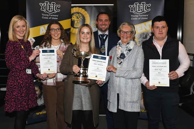 YFCU president Peter Alexander pictured with RUAS president, Mrs Christine Adams (right) and Lauren Hamilton, NFU Mutual Charitable Trust representative (left) along with winners from 18-21, impromptu category (left to right), Marianna Neill, Collone YFC, Sophie Hawthrone, Collone YFC, and Joshua Keys, Seskinore YFC