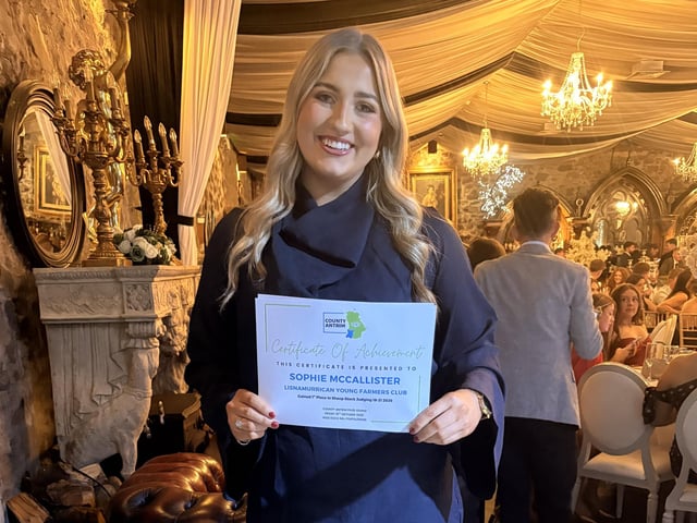 Sophie McAllister (Lisnamurrican YFC) received first place in 18-21 beef and sheep stock judging, and 18-21 Live to Dead: Sheep.