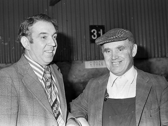 Alex Minnis from Comber, who exhibited the supreme champion shearling Border Leicester at the show and sale at Ballyclare in September 1981 with Mr Sam Holden from Ballyclare, who paid the new record price of 620 guineas. Picture: Farming Life archives