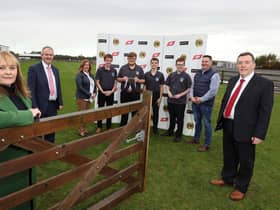 Michelle McIlveen MLA, Charles Smith Certified Irish Angus, Sheena Manson, classroom assistant with the team from Castle Tower School, their teacher Ciaran McCaughan and George Mullan, managing director of ABP in Northern Ireland. Picture:  ABP