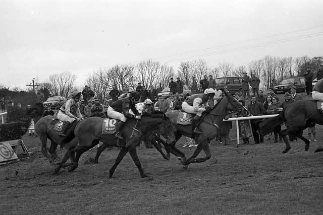 Pictured at the Harp National in Downpatrick in February 1992 is Lacken Beau (No 1), second in the national, who is seen battling it out with Wee Madge (No 10) which finished third. The star of the national was Desert Orchid. The News Letter reported that he “strutted, proud and tall, around the race track to loud and eager applause, looking every bit the champion”. Fans had turned out to get a close look at the grey who had retired from racing two years previously. Picture: News Letter archives