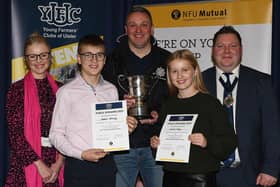 James (16-18) and Isabella Gregg(14-16) who won their respective impromptu classes with Stuart Mills, YFCU President,Paul Black, from the Police Service of Northern Ireland (PSNI) and Lauren Hamilton, NFU Mutual.