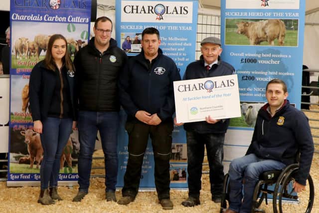 1st place winner for Co Londonderry, Kevin O'Kane pictured with sponsor Northern County Co-Op, judge Albert Connelly, Rachel Mulligan NICC Secretary and Andrew Dunne NICC PRO.