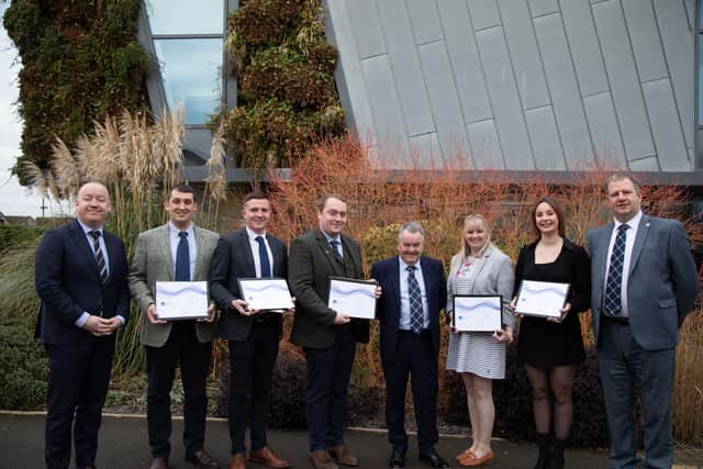 Left to right: Professor Ken Sloan, vice chancellor and CEO of Harper Adams, Nick Woodmass, Andrew Weir, James Scott, IAAS president Alan Hutcheon, Jenna Ballantyne, Amy Haddow and IAAS executive director Neil Wilson. Picture: Submitted