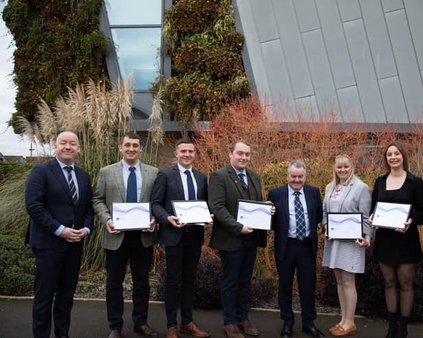 Left to right: Professor Ken Sloan, vice chancellor and CEO of Harper Adams, Nick Woodmass, Andrew Weir, James Scott, IAAS president Alan Hutcheon, Jenna Ballantyne, Amy Haddow and IAAS executive director Neil Wilson. Picture: Submitted