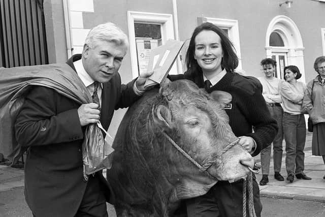 With a Blonde d’Aquitaine bull in Hoggs China shop at Carrickfergus in March 1992 is BBC presenter Sean Rafferty and USPCA assistant inspector Judith Trotter. Brookfield Forsythe, owned by Noel McCarey of Saintifield, was helping a USPCA drive to collect 100,000 signatures in Northern Ireland for a petition against Spanish bullfighting. Picture: News Letter archives