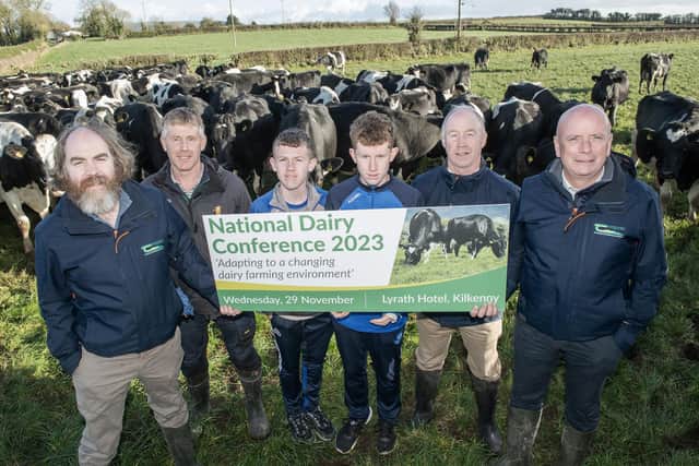 Pictured at the launch of the Teagasc National Dairy Conference taking place on Wednesday, 29th November in the Lyrath Hotel, Kilkenny on 'Adapting to a changing dairy farming environment' are: Dr Joe Patton, head of dairy knowledge transfer, Teagasc, dairy farmer/speaker Brendan Joyce, The Island, Urlingford, Co Kilkenny, his sons Adam and Cormac, Patrick Moylan, Teagasc dairy advisor and Richard O'Brien, regional advisory manager Teagasc Kilkenny/Waterford. Photo O'Gorman Photography