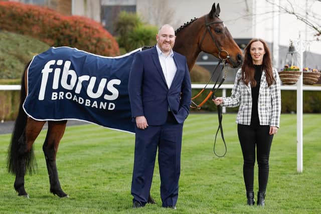 Down Royal has announced full fibre broadband provider Fibrus as headline sponsor of its new family fixture taking place on Sunday 14th April 2024. Pictured is Kathryn Holland, Commercial Manager at Down Royal with Dominic Kearns, CEO at Fibrus. (Pic: Philip Magowan)