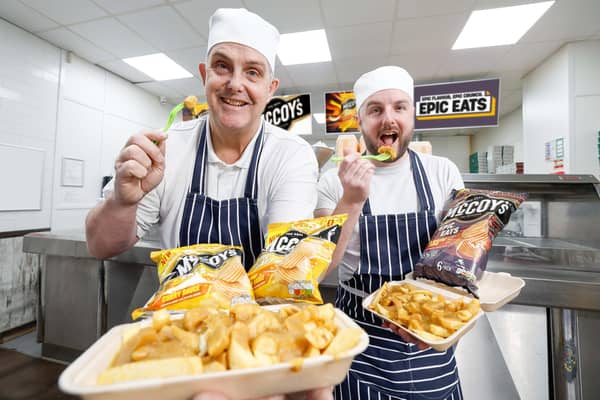 Leading crisp brand McCoy’s is celebrating a record year in Northern Ireland with two new additions to its McCoy’s Epic Eats range. Not only will new flavours Chip Shop Curry Sauce and Bangin’ BBQ tantalise the taste buds of local snack lovers, they’re also low in fat, salt and sugar (non-HFSS) - with 45% less salt, on average, than standard potato crisps. Ricky Watts (left) and John Baxter of KP Snacks (NI) Ltd, McCoy’s parent company, donned their aprons to serve up the tasty new snacks – along with the news that McCoy’s sales in NI have grown by 16.3% over the past 12 months