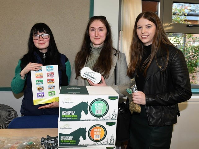 CAFRE Enniskillen Campus Graduate Sarah Ross, EquiNutritrive discuss careers with Certificate in Higher Education in Equine Science and Management students Joy Carleton (Magherafelt) and Orla O’Kane (Ballymena).