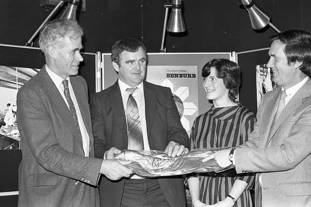 Pictured in January 1983 is Mr Vernon Smyth, left, deputy secretary of the UFU, talking to Mr Frank Foy, director of Benburb Meats. Mrs Lesley Murphy and Mr Bob Atkinson, administrative manager, look on. Picture: Farming Life/News Letter archives